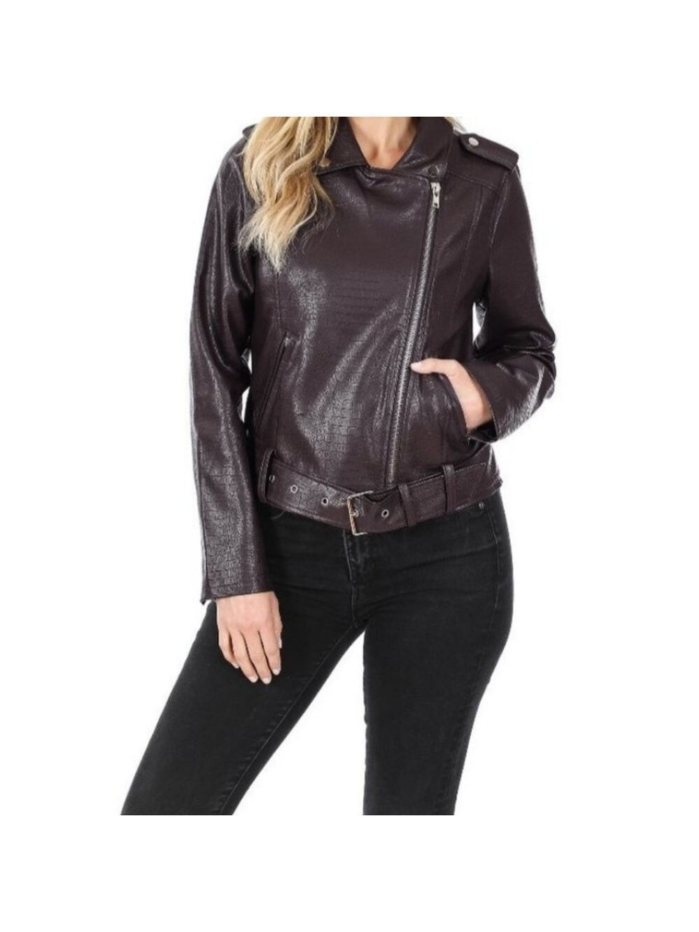 ZENANA | Vegan Faux Snackskin Leather Belted Moto Jacket | Brown